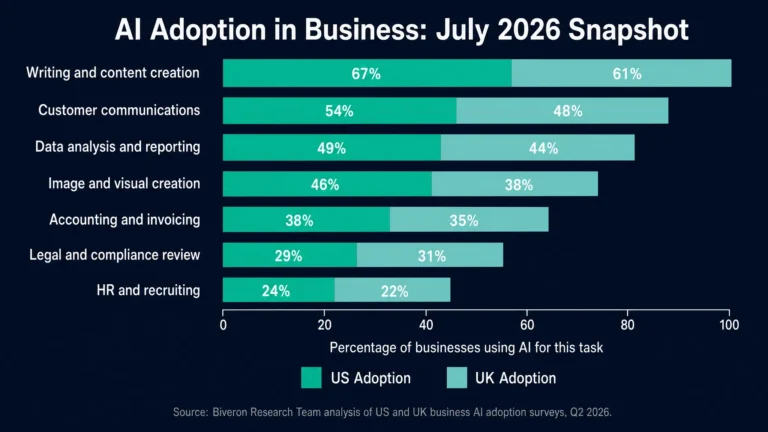 AI business adoption statistics 2026 showing percentage of US and UK small businesses using AI tools by category