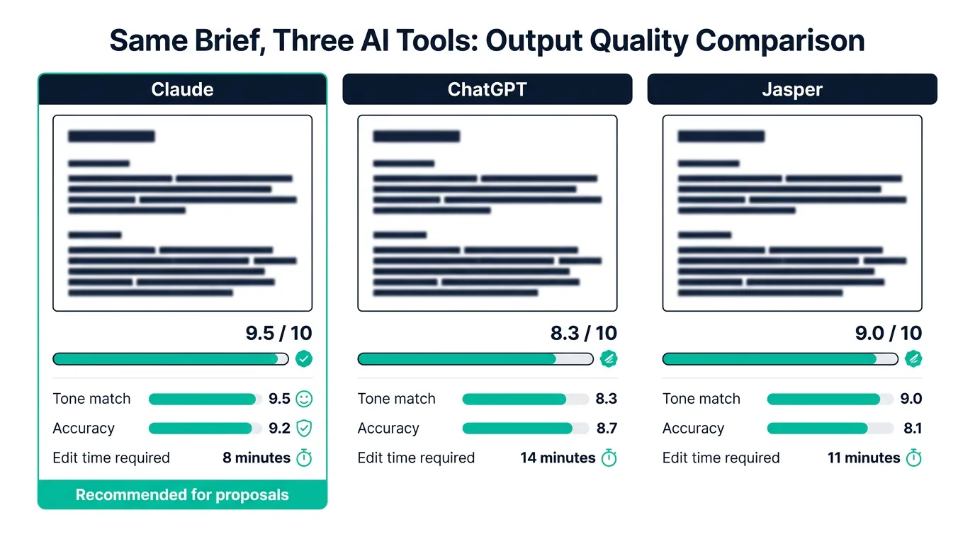 Small business agency comparing output quality from three AI writing tools on the same client proposal task