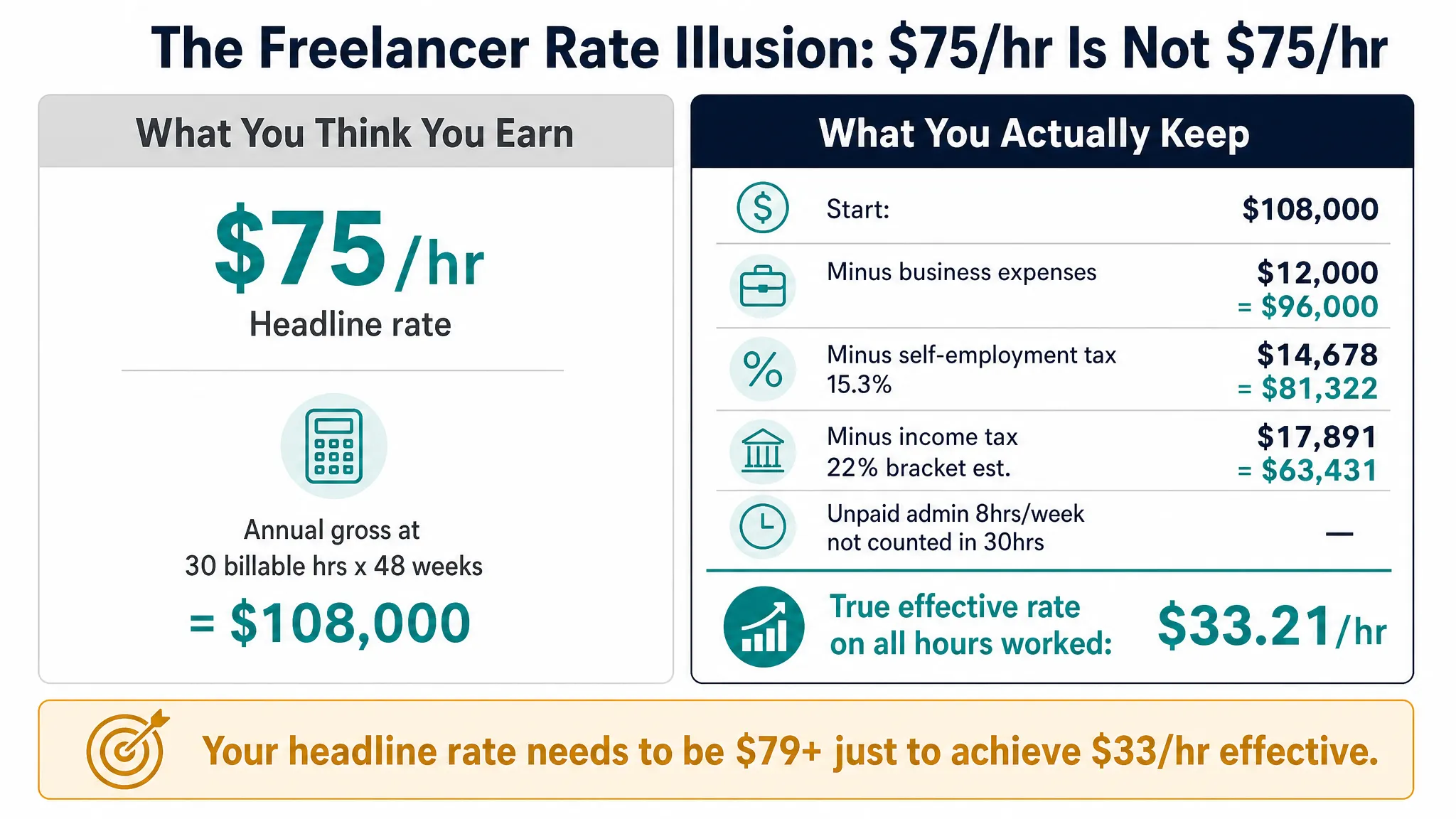 Comparison showing freelancer headline rate versus true effective rate after taxes admin time and expenses
