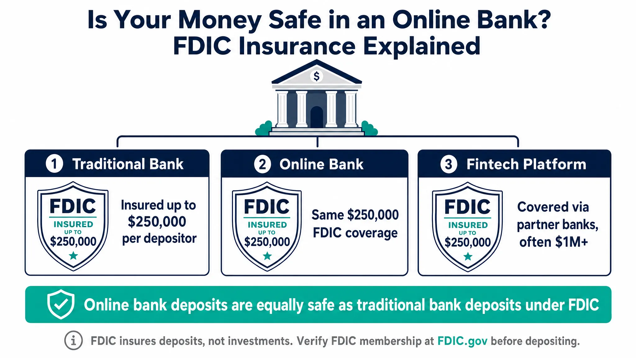 FDIC insurance coverage explainer showing 250000 dollar protection limit for US savings accounts