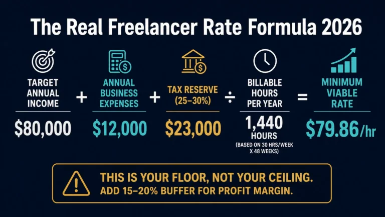 Freelancer hourly rate calculation breakdown showing income target taxes expenses and billable hours for US and UK 2026