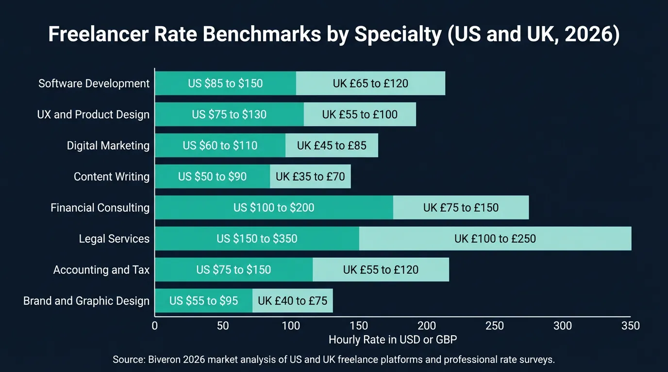 Freelancer rate benchmarks by industry showing average hourly rates for designers writers developers and consultants in US and UK 2026