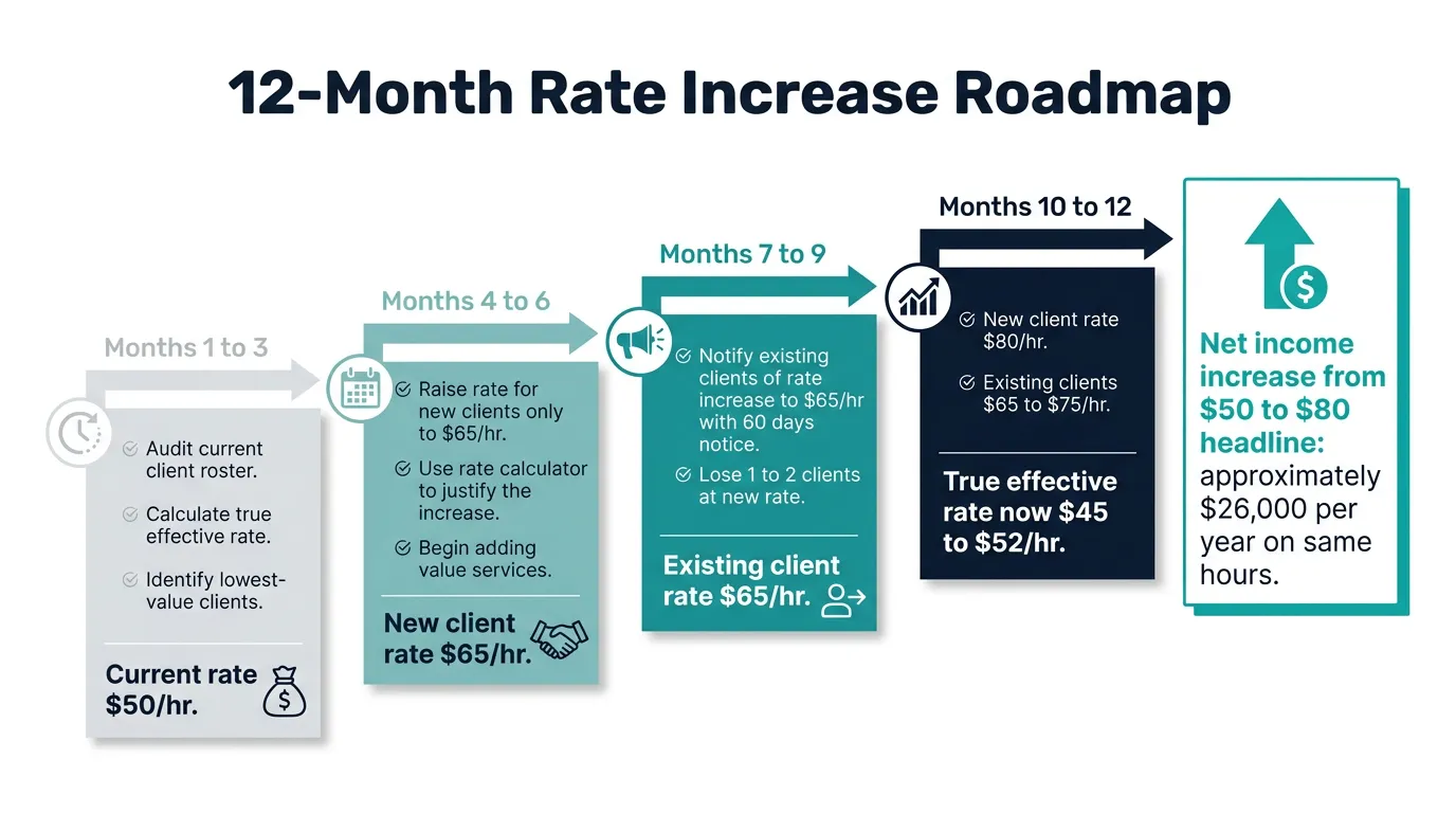 Freelancer rate increase strategy showing how to raise rates from 50 to 80 dollars per hour over 12 months