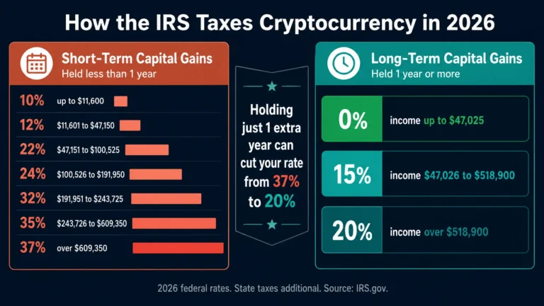 IRS crypto tax reporting requirements for US investors 2026 showing capital gains categories and rates