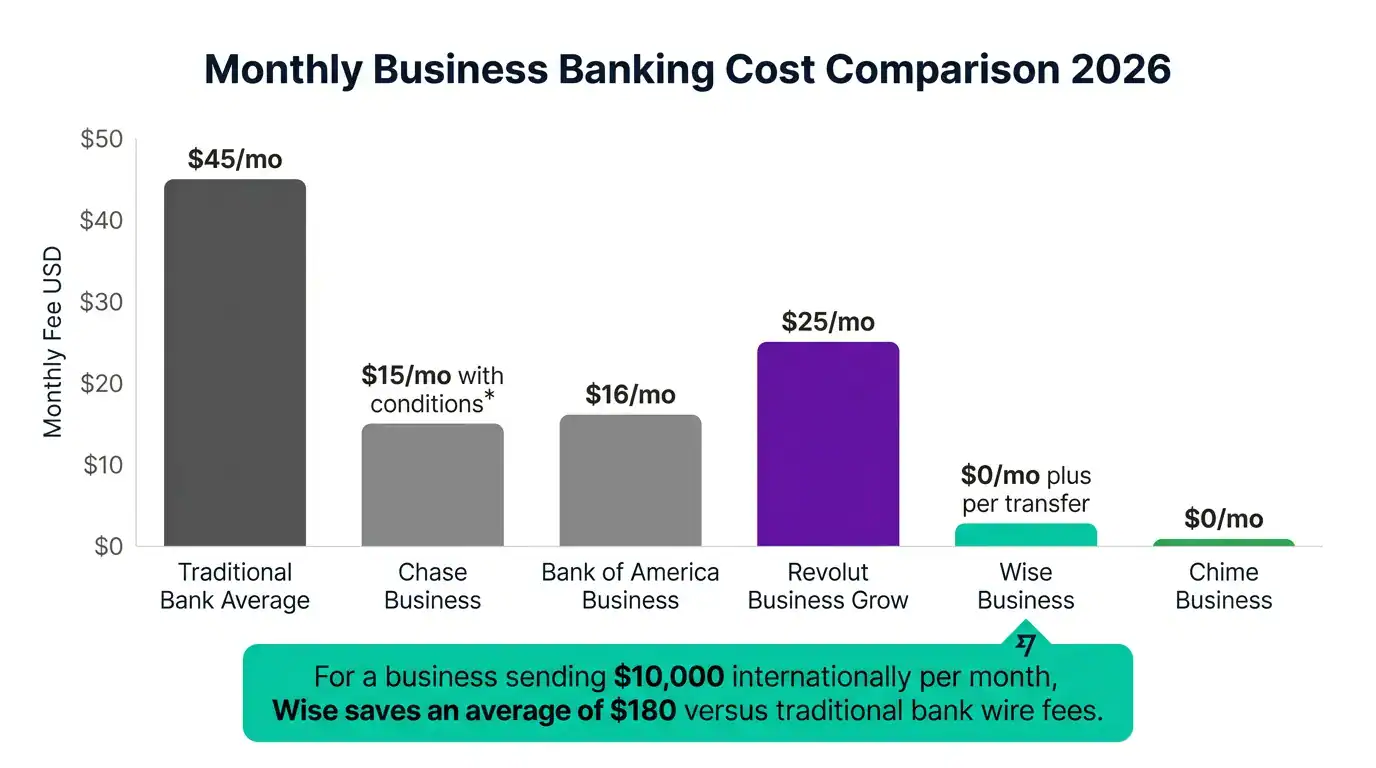 Monthly business banking fee comparison showing traditional banks versus Revolut Wise and Chime in 2026