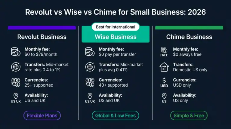 Revolut versus Wise versus Chime small business account comparison showing fees features and availability 2026
