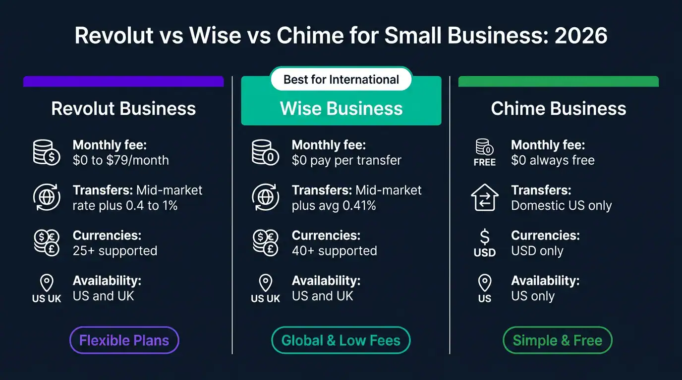 Revolut versus Wise versus Chime small business account comparison showing fees features and availability 2026
