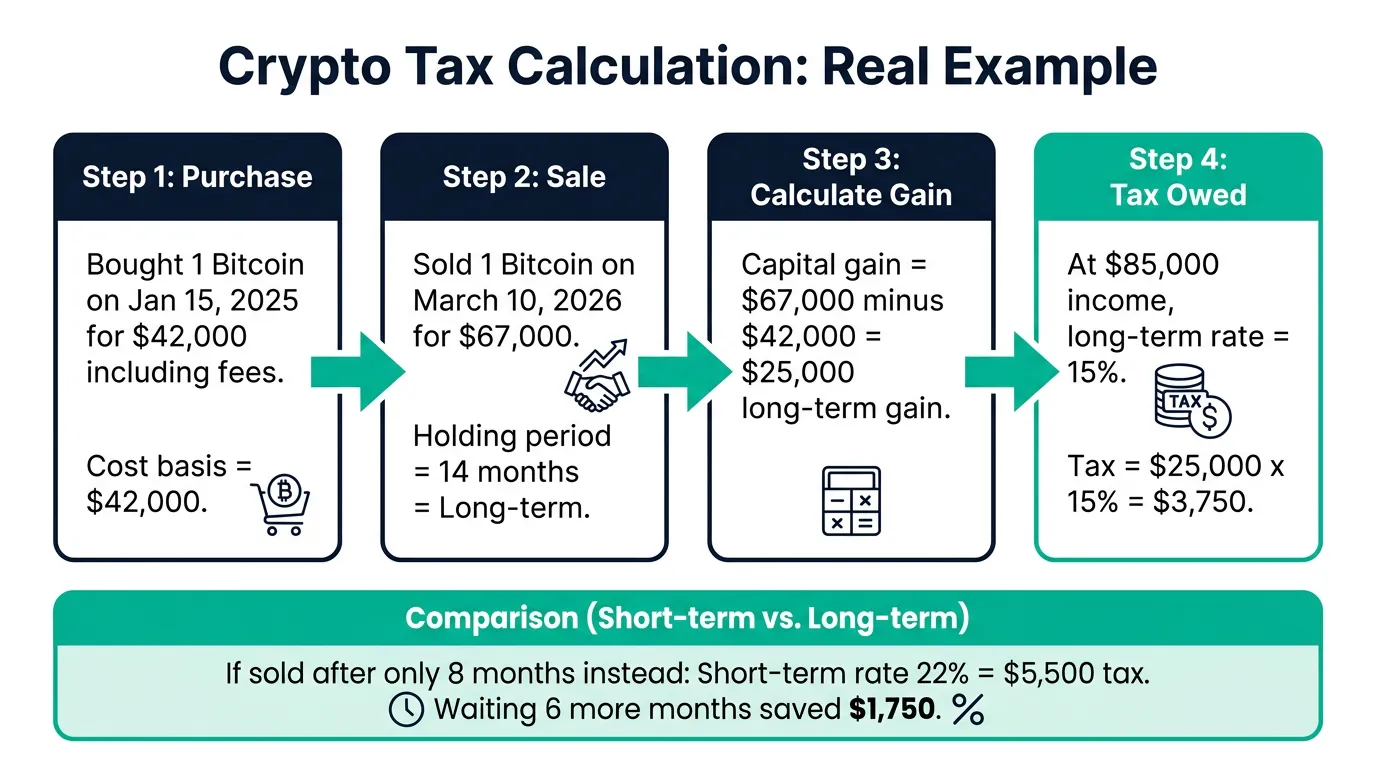 Sample crypto tax calculation showing Bitcoin purchase sale cost basis and capital gains for US investor 2026