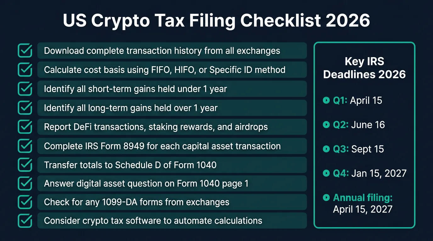 US crypto tax filing checklist 2026 showing IRS Form 8949 Schedule D and required reporting steps