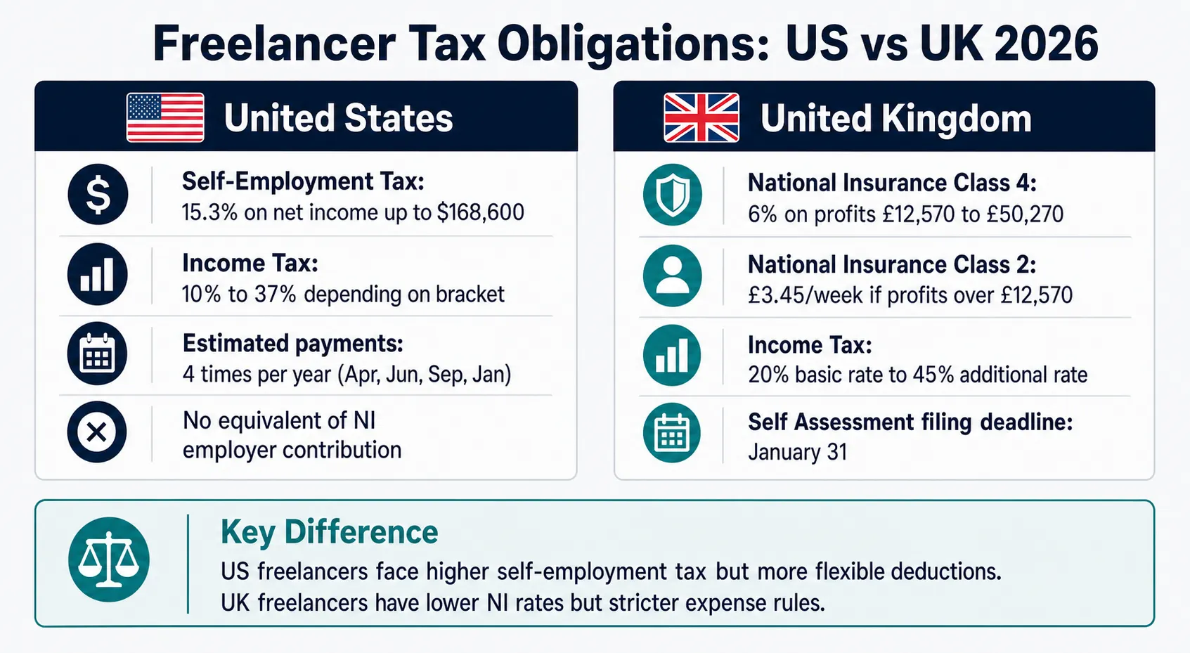 US versus UK freelancer tax rate comparison showing self employment tax national insurance and income tax differences 2026