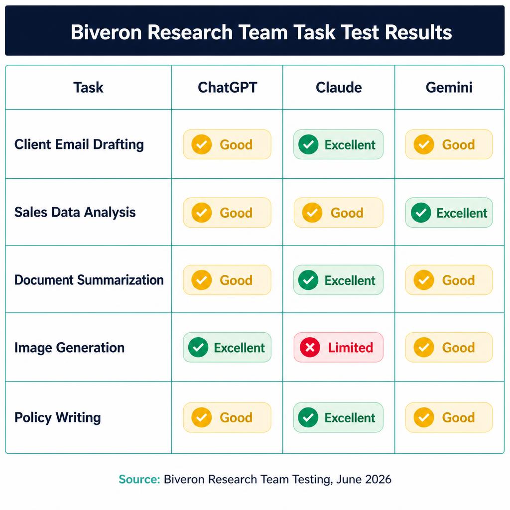Three AI chatbot interface screens showing different response styles for business document analysis
