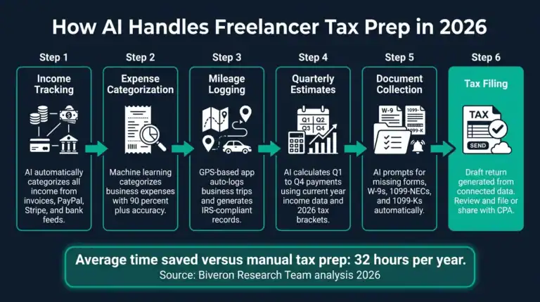 AI tax preparation workflow for US freelancers showing automated steps from income tracking to IRS filing 2026