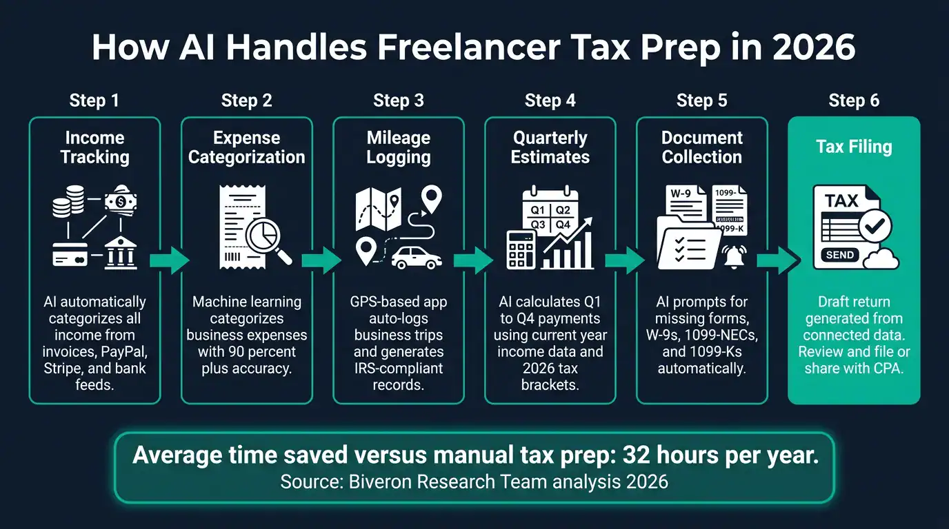 AI tax preparation workflow for US freelancers showing automated steps from income tracking to IRS filing 2026