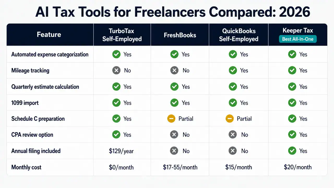 AI tax software comparison for freelancers showing TurboTax versus FreshBooks versus QuickBooks versus Keeper Tax features and pricing 2026