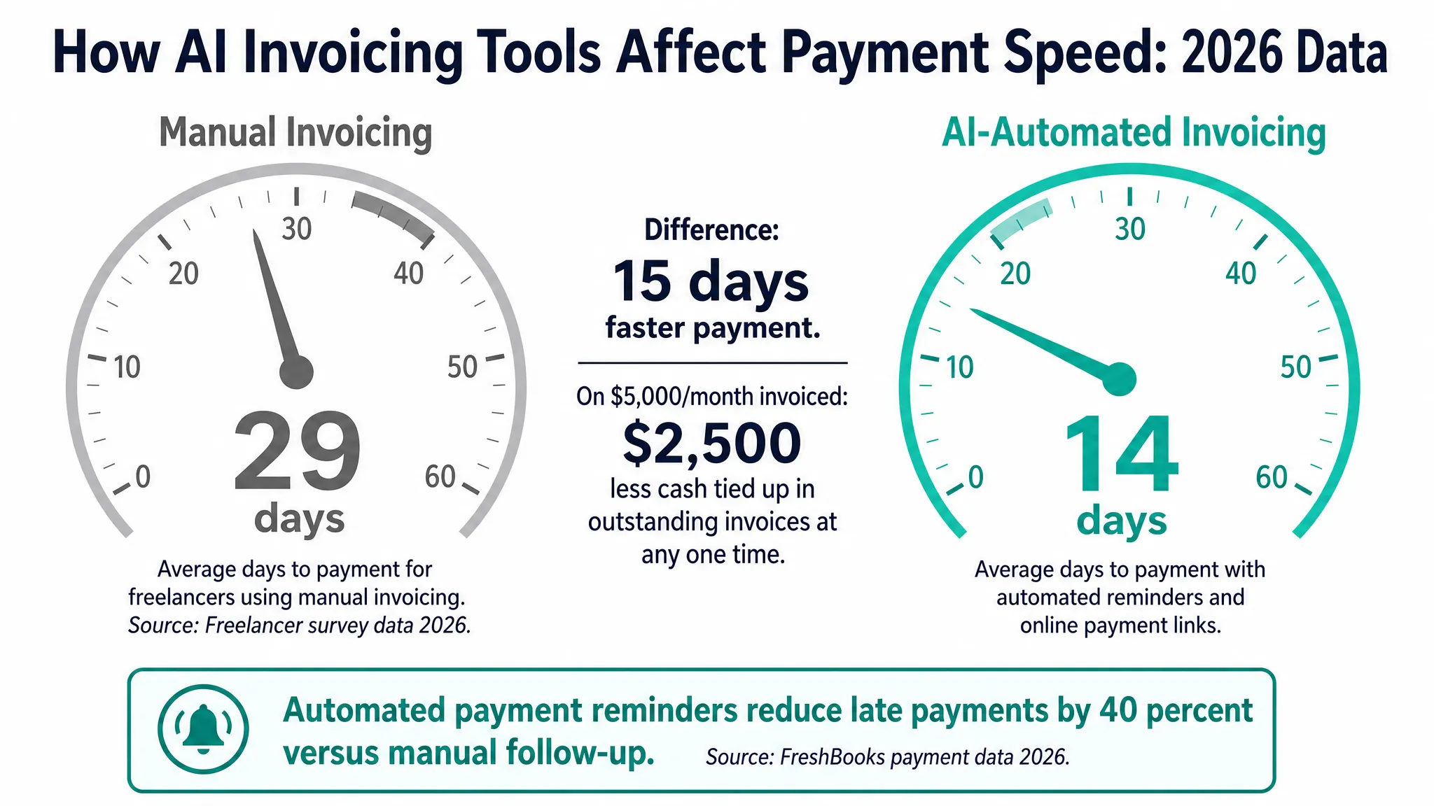 Average invoice payment time comparison showing days to payment for freelancers using manual versus AI automated invoicing in 2026