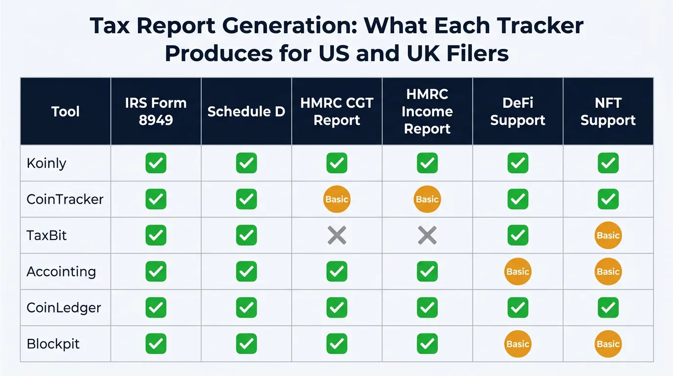 Crypto tax report comparison showing which portfolio trackers generate IRS Form 8949 HMRC compatible reports and other tax documents in 2026