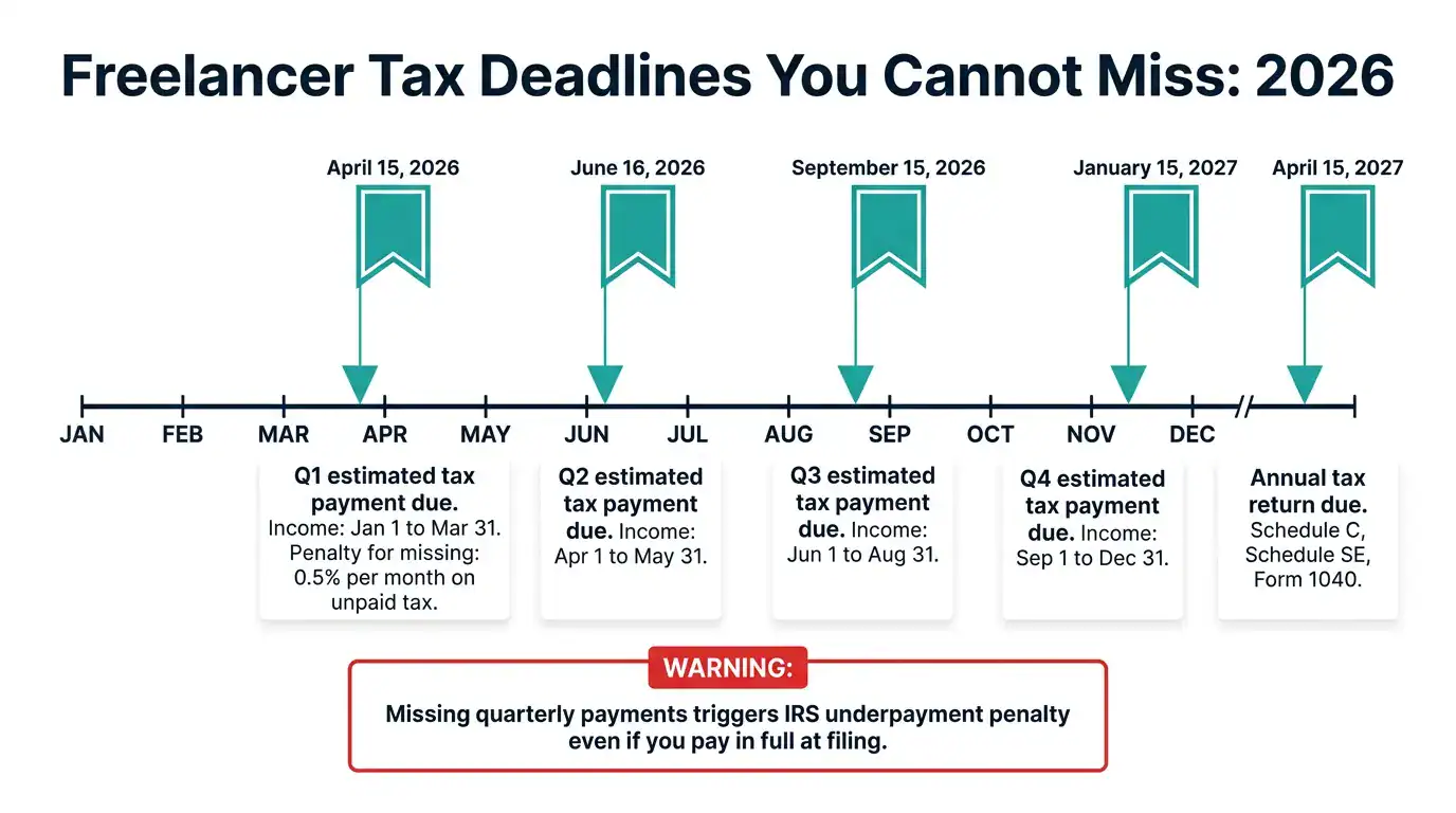 Freelancer tax timeline showing four quarterly IRS payment deadlines and annual filing date for 2026