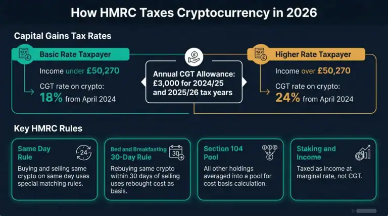 HMRC crypto tax rules for UK investors 2026 showing capital gains tax rates allowance and reporting requirements