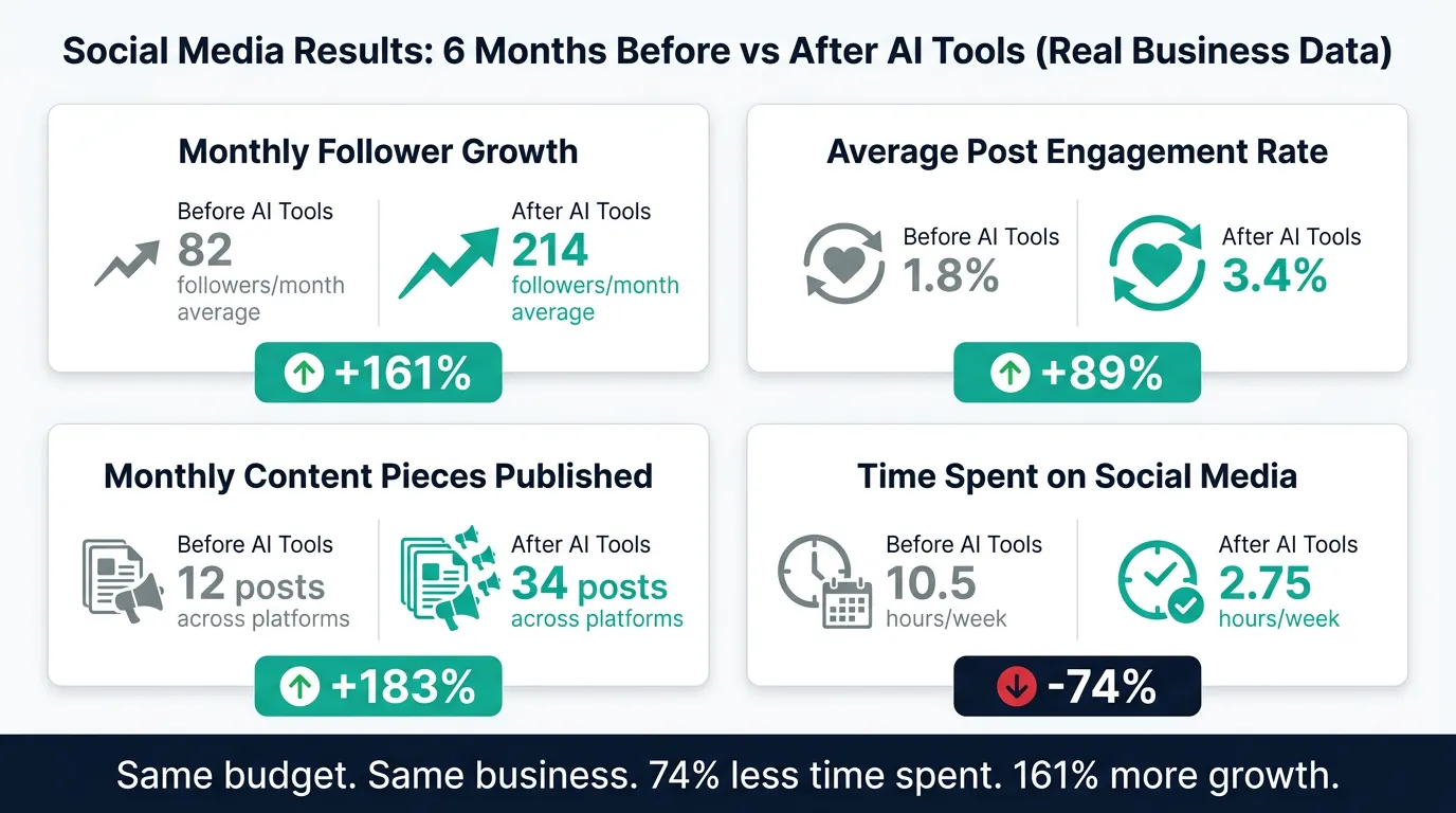 Small business social media growth metrics showing follower growth engagement rate and lead generation before and after AI tools in 2026