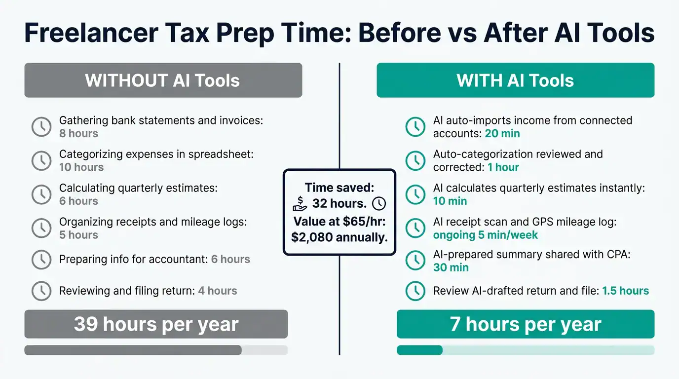 Time comparison showing hours spent on freelancer tax preparation before and after adopting AI tax tools in 2026