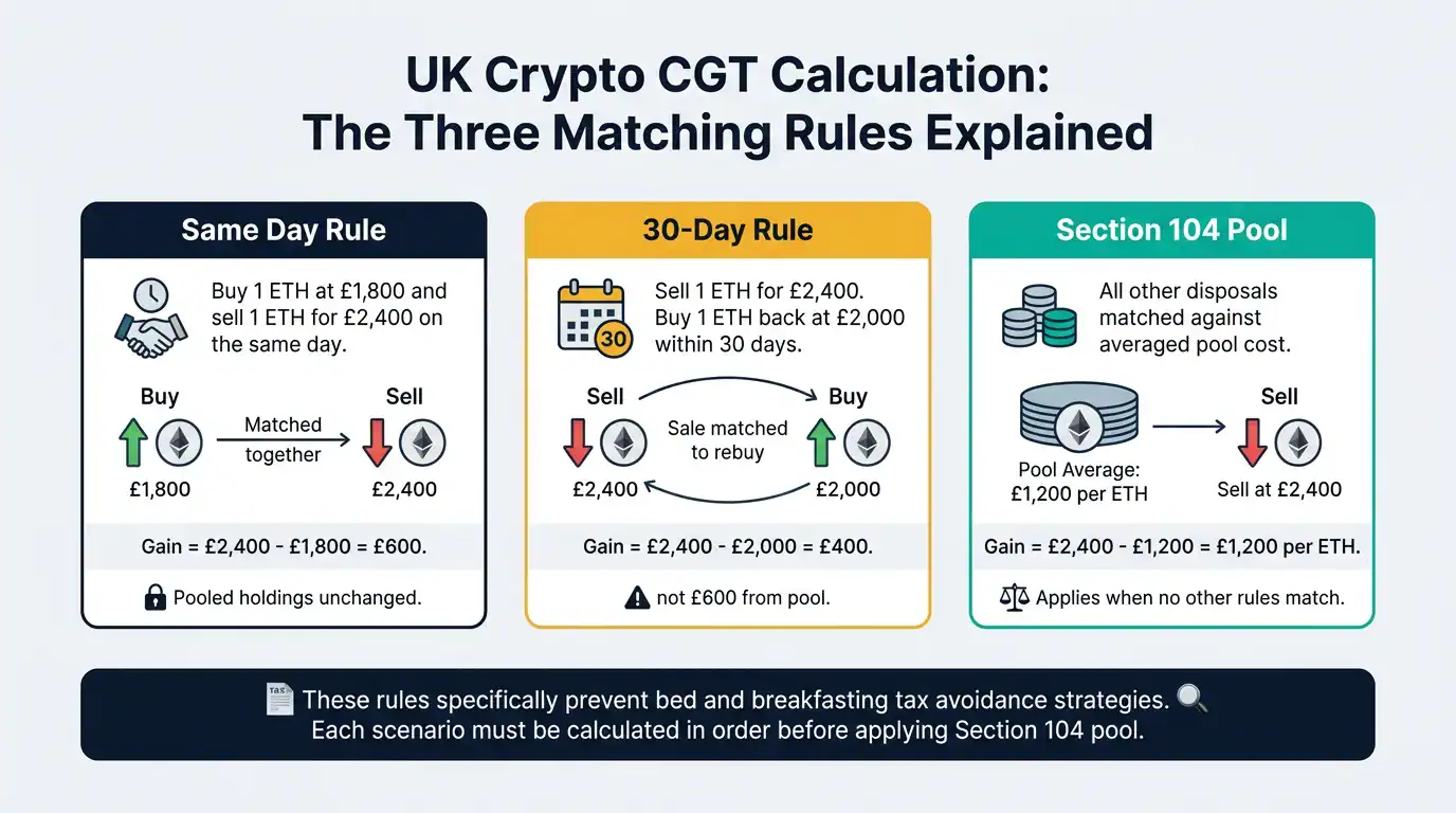 UK crypto tax calculation example showing Section 104 pool cost basis same day rule and 30 day bed and breakfasting rules